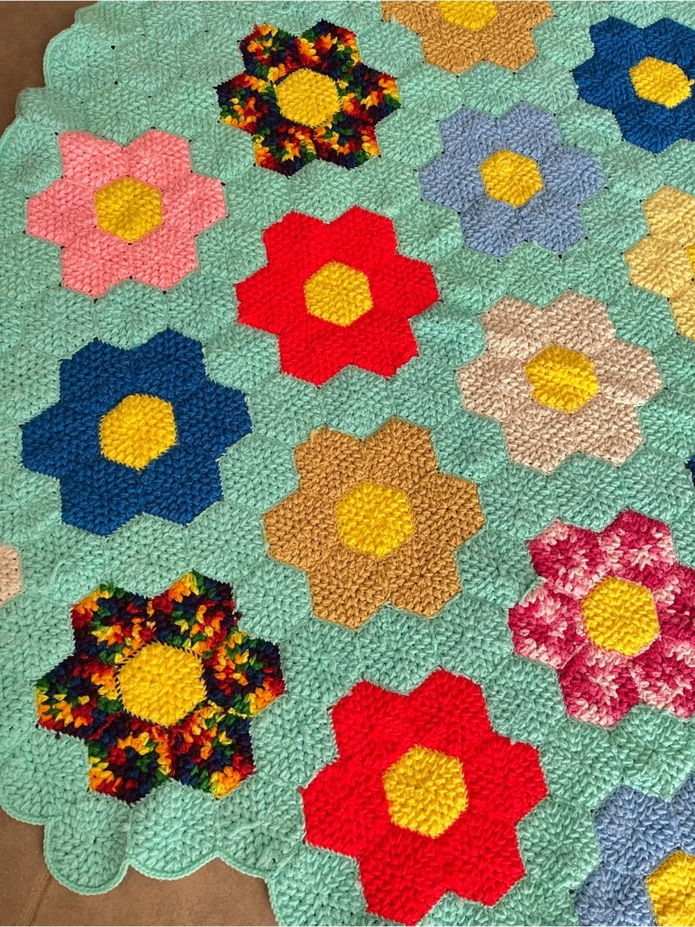 Handmade Granny Square Floral Afghan Knit Blanket Rainbow Teal